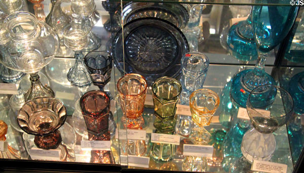 Collection of multi-colored Virginia pattern Fostoria glass at Fostoria Glass Museum. Moundsville, WV.