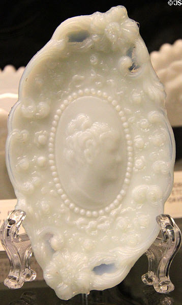 Jenny Lind milk glass pin tray (1961-5) at Fostoria Glass Museum. Moundsville, WV.