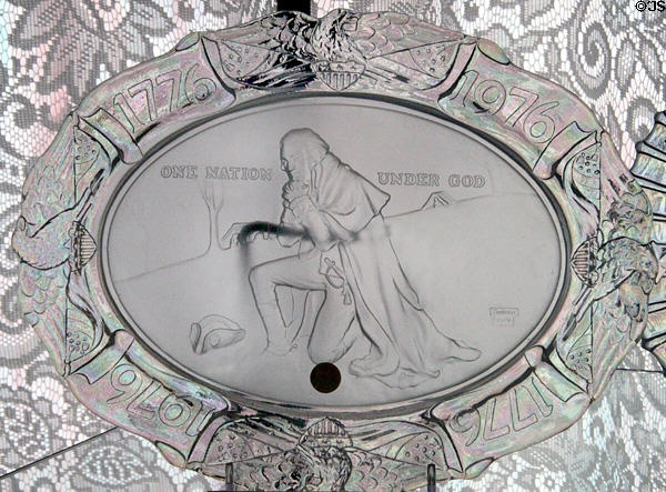 George Washington at Valley Forge bicentennial pressed glass plate (1976) at Fostoria Glass Museum. Moundsville, WV.