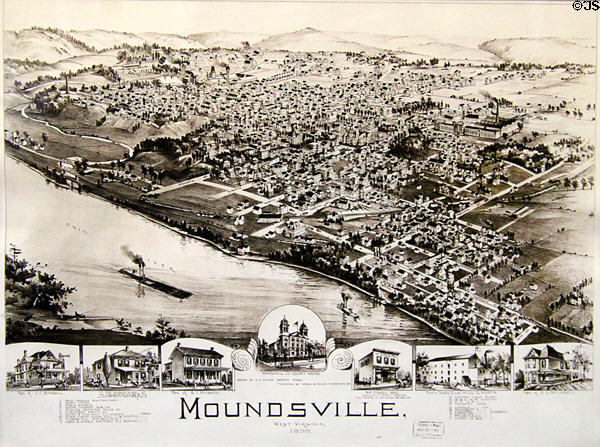 Aerial illustrated map of Moundsville, WV (1899) by A.E. Downs of Boston at Fostoria Glass Museum. Moundsville, WV.