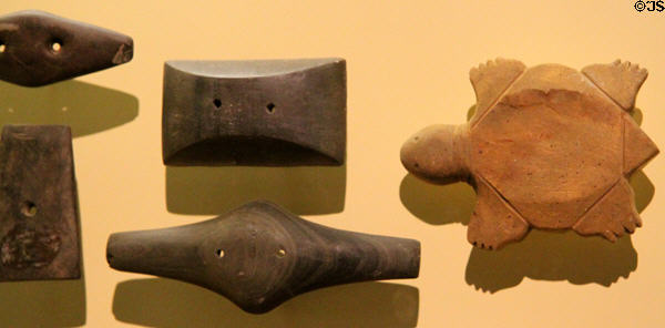 Adena culture grave objects (c250-0 BCE) with one turtle shaped at Grave Creek Mound Museum. Moundsville, WV.