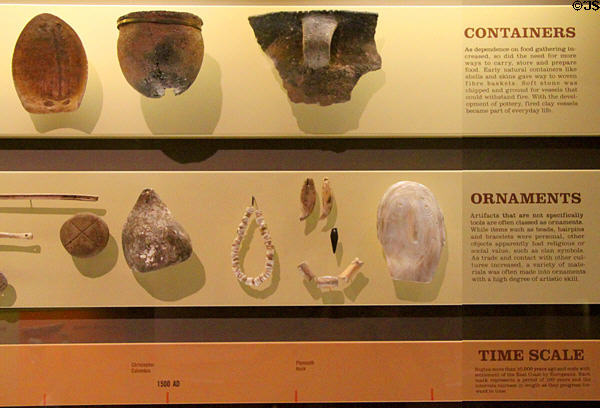 Native containers & ornaments (1400-1700) at Grave Creek Mound Museum. Moundsville, WV.