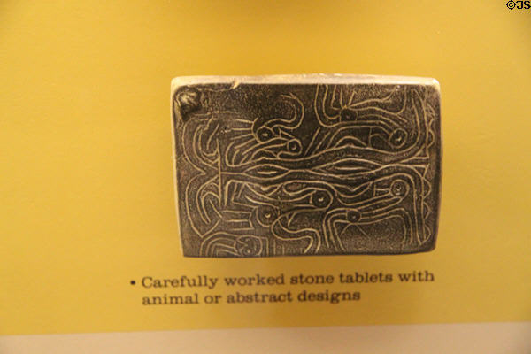 Late Adena stone tablet with animal or abstract design at Grave Creek Mound Museum. Moundsville, WV.