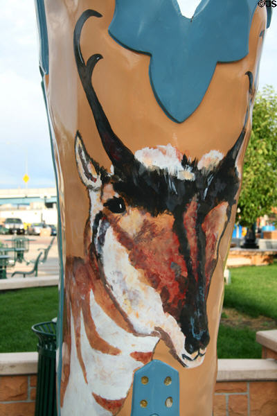 Pronghorn antelope on Don't Feed the Animals cowboy art boot (2004) by Jill Labiff. Cheyenne, WY.