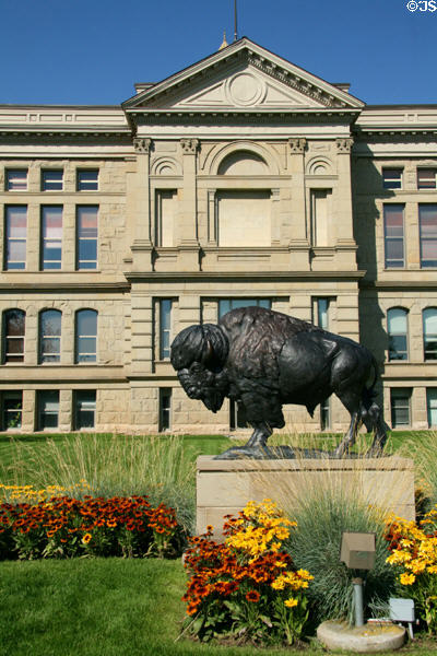 Wyoming State Capitol with Bison sculpture. Cheyenne, WY.