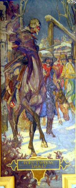 Mural of Pony Express Rider (1917) by Allen Tupper True in Senate of Wyoming State Capitol. Cheyenne, WY.