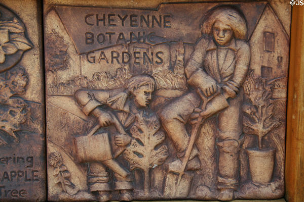 Decorative tile on bench at Cheyenne Botanic Gardens. Cheyenne, WY.
