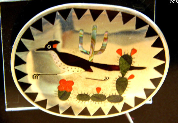 Zuni Indian roadrunner inlay silver jewelry (mid 20thC) at Nelson Museum of the West. Cheyenne, WY.