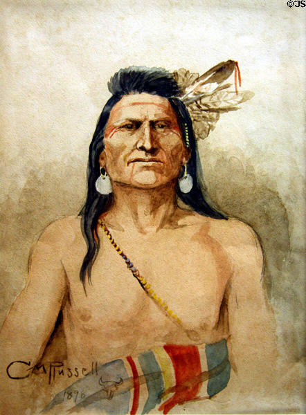 Indian warrior painting (1898) by Charles M. Russell at Nelson Museum of the West. Cheyenne, WY.