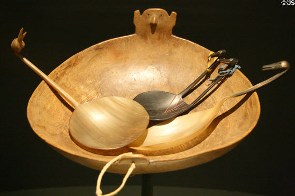 Santee Dakota feast bowl (c1870), Lakota & Plateau Indian horn spoons (late 19thC) at Buffalo Bill Center of the West. Cody, WY.