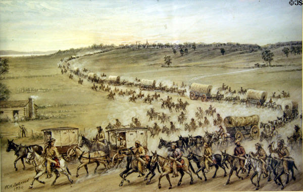 Drawing of fur trading caravan leaving St. Louis in 1830 drawn (1930) by W.H. Jackson at Scotts Bluff National Monument. WY.
