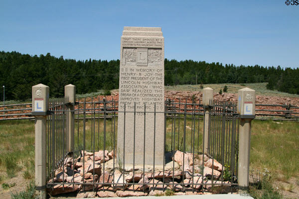 Lincoln Highway monument (1938) in memory of Henry B. Joy. WY.