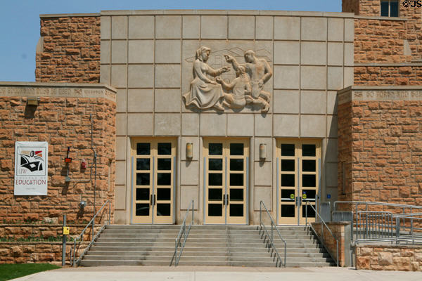 College of Education building (1952) of University of Wyoming with facade sculpture by Robert Russin. Laramie, WY. Architect: Porter & Bradley.