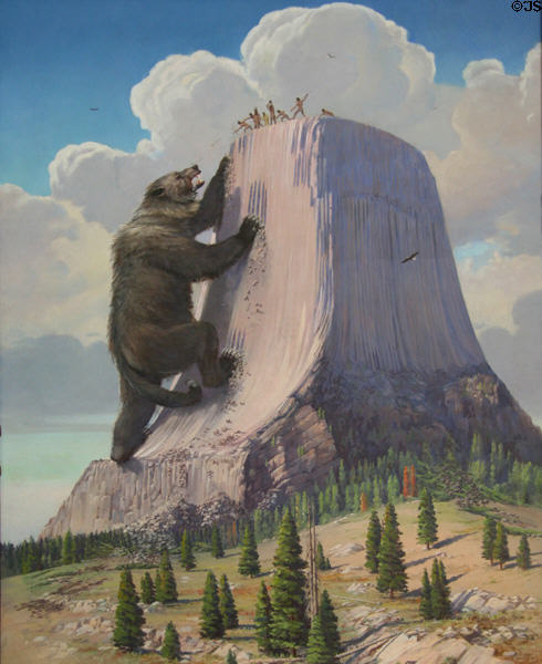 Indian legend of how Devils Tower got its vertical "claw marks" as ancient giant bear climbed the rock on painting (1936) by Herbert A. Collins. WY.