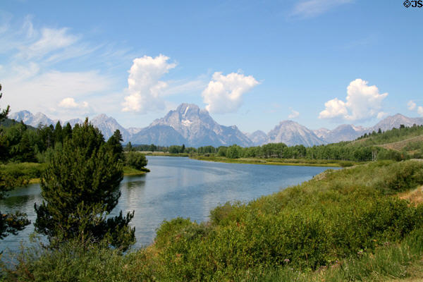 Grand Teton peaks over Snake River in National Park. WY.