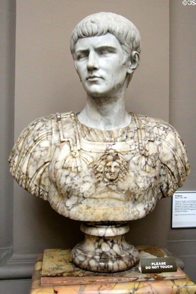 Roman Emperor Caligula (ruled 37-41 CE) or Augustus (ruled 31 BCE-14 CE) portrait bust with Gorgon Medusa (c18th C) at Lady Lever Art Gallery. Liverpool, England.