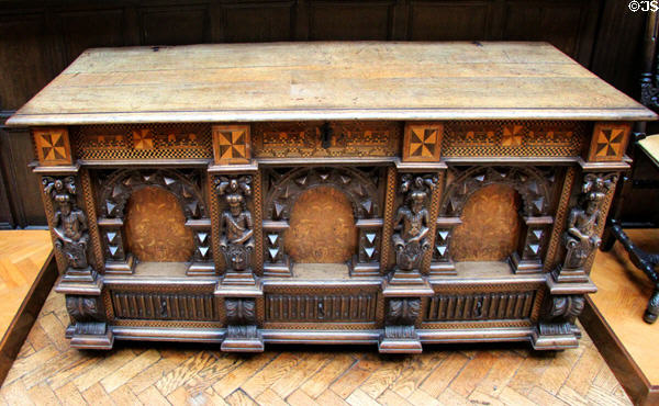 English inlaid oak chest (c1600-25) with Renaissance decorations at Lady Lever Art Gallery. Liverpool, England.