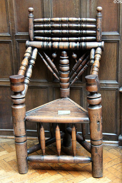 English or Welsh turned triangular chair (c1600-80) with Renaissance decorations at Lady Lever Art Gallery. Liverpool, England.