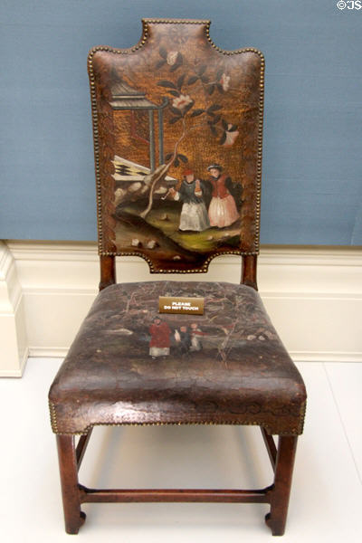 English leather chair painted with Chinese scene (c1705-10) at Lady Lever Art Gallery. Liverpool, England.