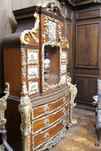 English cabinet (c1740) with pietra dura plaque decorations from Florence in William & Mary room at Lady Lever Art Gallery. Liverpool, England.