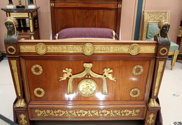 Mahogany double bed with ormolu mounts (c1850-70) from France at Lady Lever Art Gallery. Liverpool, England.