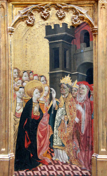 St Ursula & Virgins arrive in Rome painting of Life of St Ursula cycle (1400-10) by Valencian School at Lady Lever Art Gallery. Liverpool, England.