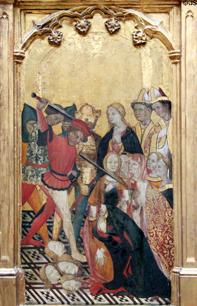 Martyrdom of the Virgins painting of Life of St Ursula cycle (1400-10) by Valencian School at Lady Lever Art Gallery. Liverpool, England.