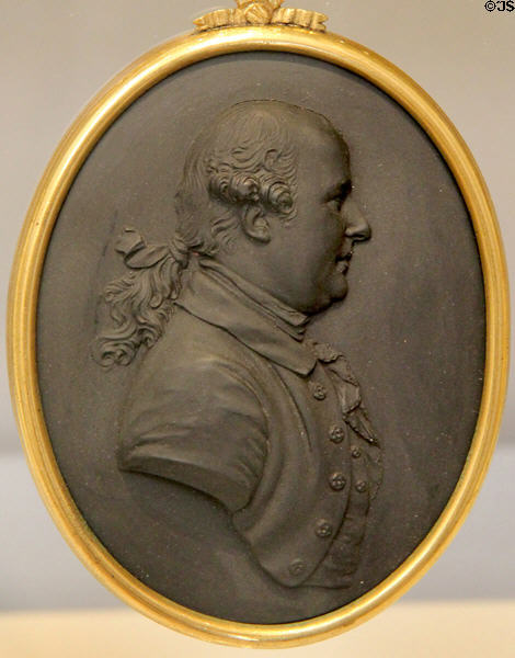 Thomas Bentley (Wedgwood's business partner) black basalt profile portrait medallion ceramic (c1773) at Lady Lever Art Gallery. Liverpool, England.