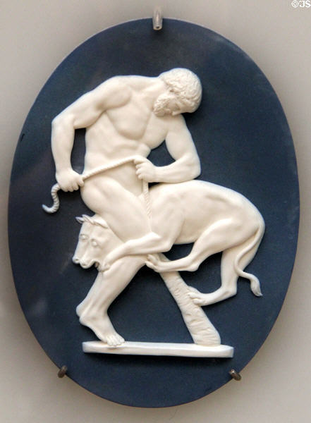 Wedgwood blue jasper plaque showing Hercules controlling cattle (1776-80) at Lady Lever Art Gallery. Liverpool, England.