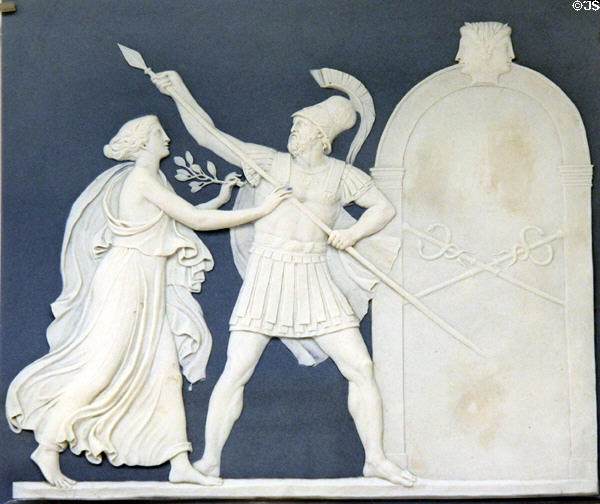 Wedgwood blue jasper plaque of peace preventing Mars from opening gates of Temple of Janus (1787) at Lady Lever Art Gallery. Liverpool, England.