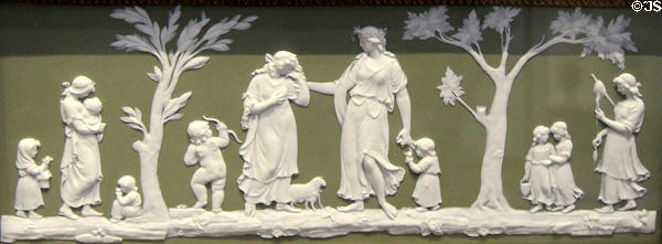 Wedgwood green jasper plaque showing classical domestic scenes (1780-90) by Lady Templetown at Lady Lever Art Gallery. Liverpool, England.