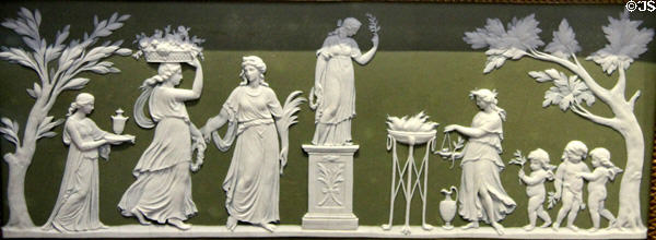 Wedgwood green jasper plaque showing classical scenes (1780-90) by Lady Templetown at Lady Lever Art Gallery. Liverpool, England.