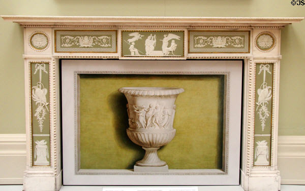 Wedgwood green jasper plaques depicting Apotheosis of Homer on marble fireplace (c1787) by John Flaxman at Lady Lever Art Gallery. Liverpool, England.