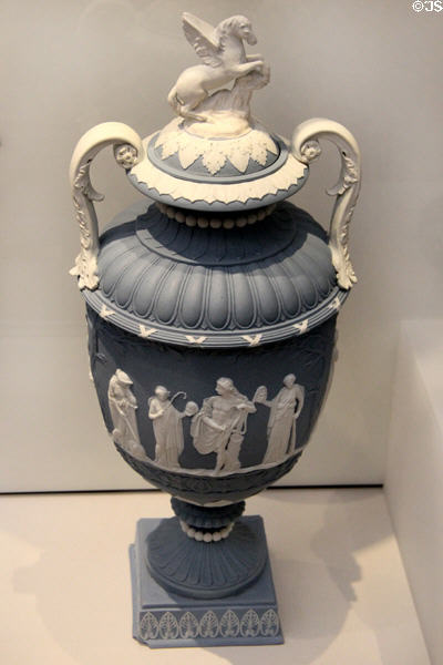 Wedgwood blue jasper vase showing Apollo & Nine Muses (1782-1800) at Lady Lever Art Gallery. Liverpool, England.