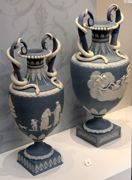 Wedgwood blue jasper vases with classical themes (1783-1800) at Lady Lever Art Gallery. Liverpool, England.
