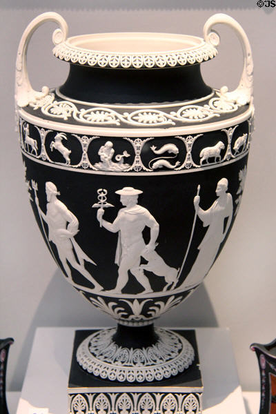 Wedgwood black jasper vase with classical gods (1796-1800) at Lady Lever Art Gallery. Liverpool, England.