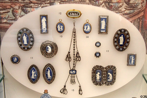 Wedgwood blue jasper plaques mounted as brooches or pendants in steel or other metal (1780-1810) at Lady Lever Art Gallery. Liverpool, England.