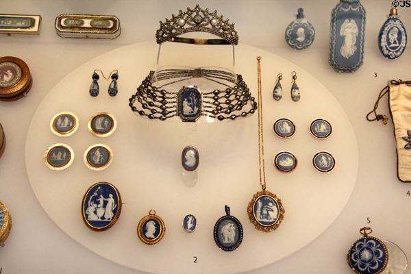 Wedgwood blue jasper plaques mounted as buttons or pendants (1780-1800) at Lady Lever Art Gallery. Liverpool, England.