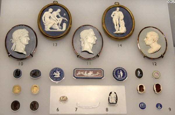 Wedgwood jasper cameos & intaglios (1780-1800) surrounding actual Roman examples which inspired Wedgwood (white area #6,7,8) at Lady Lever Art Gallery. Liverpool, England.