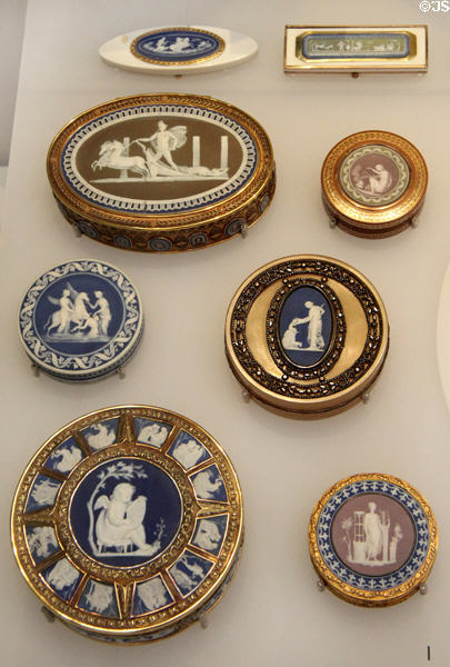 Wedgwood jasper plaques on boxes of gold, ivory, etc. (1783-1805) for carrying patches or snuff at Lady Lever Art Gallery. Liverpool, England.