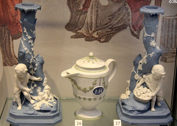 Wedgwood jasper candlesticks (1785-90) & white jasper coffeepot (c1860) at Lady Lever Art Gallery. Liverpool, England.