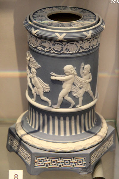 Wedgwood blue jasper stand (1786-1800) to hold mechanism for Argand oil lamp which gave brighter light than regular oil lamps at Lady Lever Art Gallery. Liverpool, England.