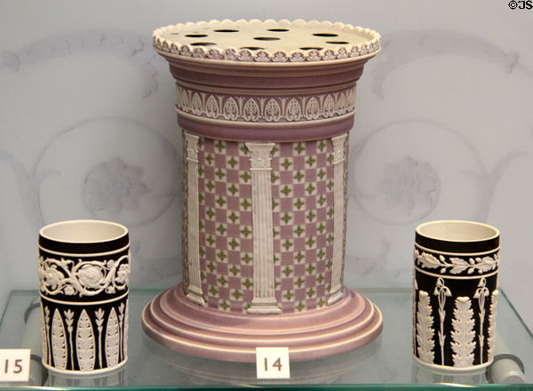 Wedgwood lilac jasper vase (1790-1800) & 2 black jasper spill vases (to hold twisted slips of paper to transfer fire from say burning log to candle or pipe) (1790-1800) at Lady Lever Art Gallery. Liverpool, England.