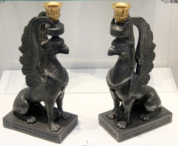 Wedgwood black basalt & brass Greek griffin candlesticks (1780-1800) designed by Sir William chamber at Lady Lever Art Gallery. Liverpool, England.