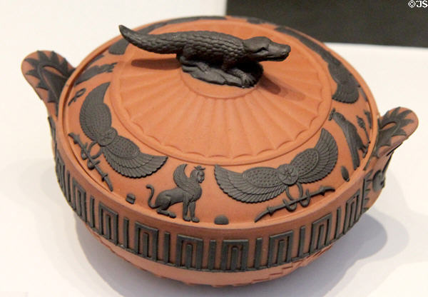 Wedgwood redware neo-Egyptian sugar dish with crocodile on cover (1800-1820) at Lady Lever Art Gallery. Liverpool, England.