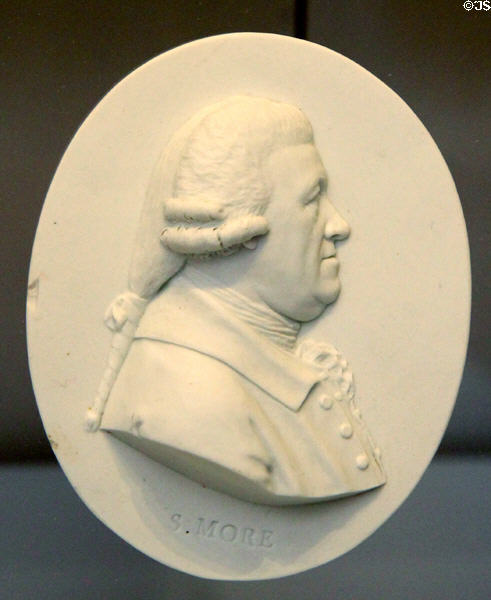 Samuel More (Secretary to Royal Society of Arts) portrait medallion of Wedgwood white jasper (1773-80) at Lady Lever Art Gallery. Liverpool, England.