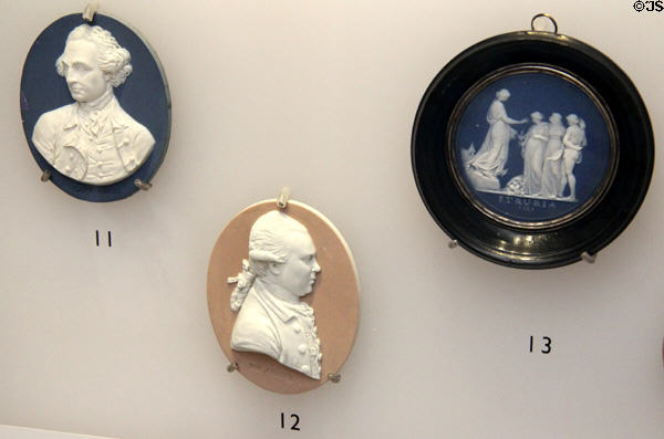Australian history Wedgwood jasper medallions of Captain James Cook (1776-80), Daniel Solander (1775-80) & Sydney Cove (1790) at Lady Lever Art Gallery. Liverpool, England.