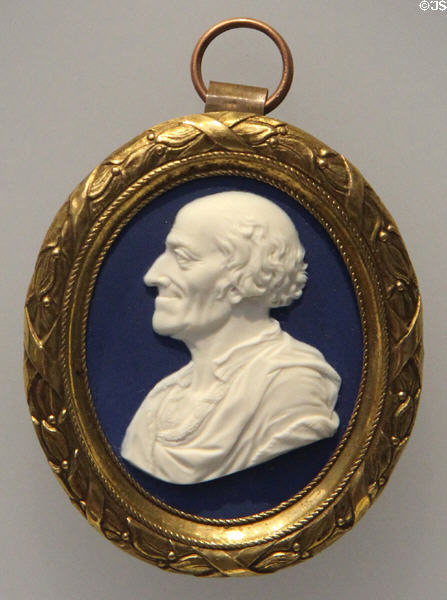 Voltaire portrait medallion of Wedgwood blue jasper (c1778) at Lady Lever Art Gallery. Liverpool, England.