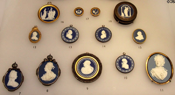 Collection of Wedgwood blue jasper portrait medallions (1780s & 90s) at Lady Lever Art Gallery. Liverpool, England.