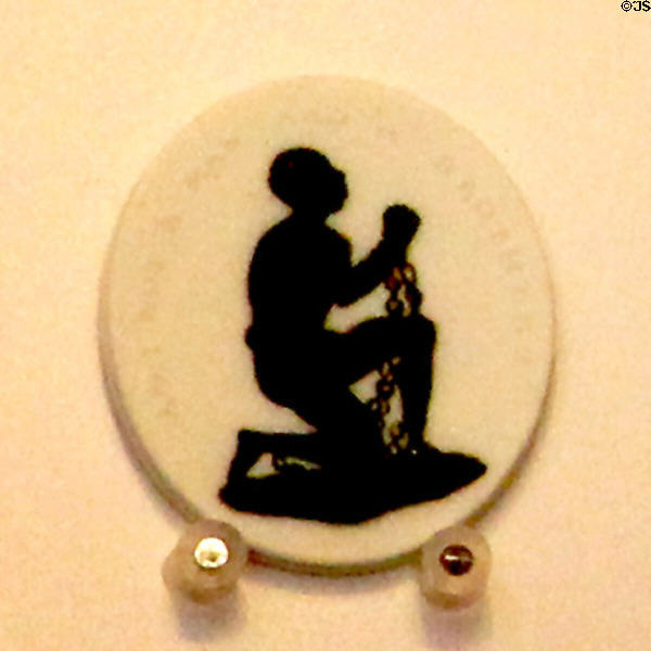 Wedgwood anti-slavery medallion (1787) given away free by abolitionist movement at Lady Lever Art Gallery. Liverpool, England.
